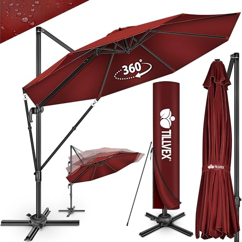 tillvex® Sombrilla Premium 330cm con manivela, cubierta y protección contra el viento, 6 posiciones ajustable con manivela, Parasol de jardín giratoria 360° & inclinable