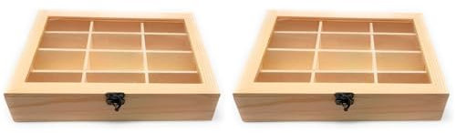 Acan Tradineur - Pack de 2 Cajas de Madera, 12 Compartimentos y Tapa de Cristal 25,8 x 19,8 x 5 cm, joyero, Caja Guardar Joyas, Objetos pequeños con Ventana Transparente, Modelo Aleatorio