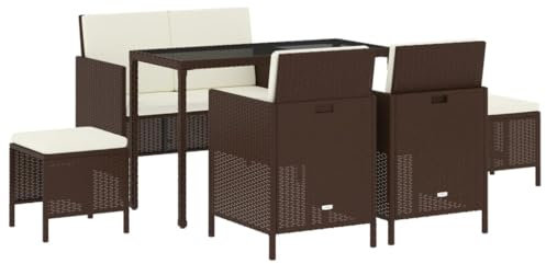 Gecheer 6-TLG. Garten Essgruppe Holz, Sitzgruppe Outdoor, Sitzgarnitur, Gartengarnitur, Bank, Stuhl, Hocker, Tisch, Kissen, Braun Poly Rattan