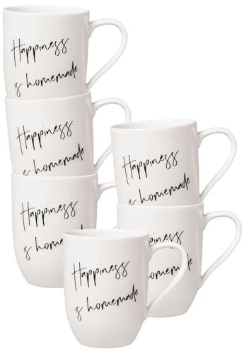 Villeroy & Boch - Juego de 6 tazas con asa, Happiness is Homemade, 280 ml, taza de café con frases, porcelana premium, color blanco y negro