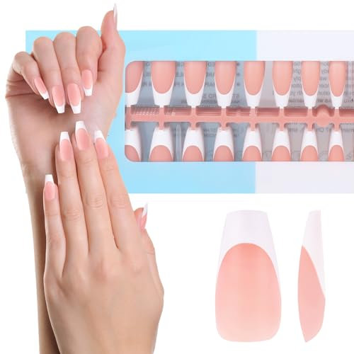 JSRQT 240 Pièces Faux Ongles en Gel Français, Long Cercueil Faux ongles à Pointe Française Press on Nails, Faux Ongles Artificiels Capsules, 3 en 1 X-Coat Tips French Nail Art pour Femmes Filles, Brun