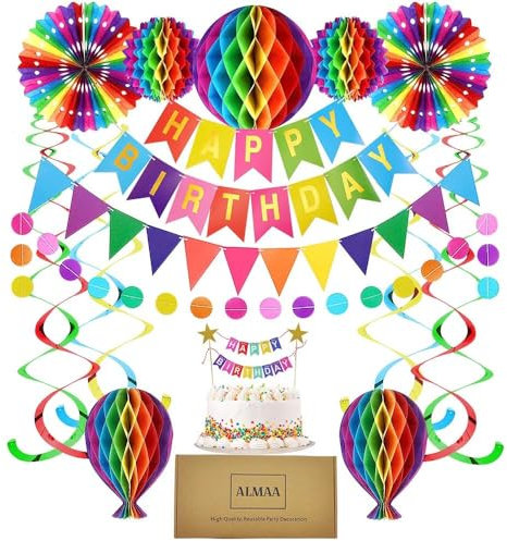 Premium Reusable Birthday Party Decorations Set - Party Supplies - Happy Birthday Banner, Honeycomb Decorations, Pom Poms, Streamers, Cake Topper