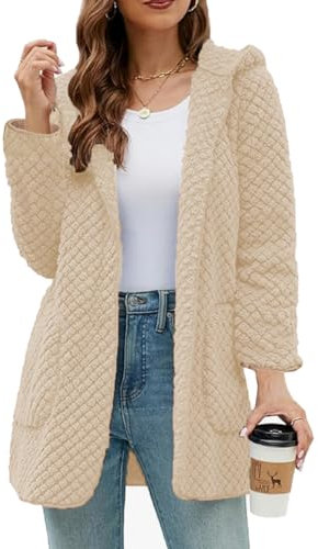 ABINGOO Giacca Invernale Peluche Donna Felpata Caldo Manica Lunga Cappuccio Tasche Autunno Inverno Cardigan Casual Outwear(Beige,S)