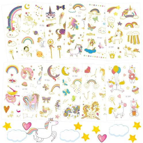 Tatouage Licorne Enfant Fille, 12 Feuilles Autocollants de Tatouage Licorne, Tatouages Temporaires Dessins Animés, Unicorn Tattoo Stickers comme Cadeaux d'anniversaire Enfants