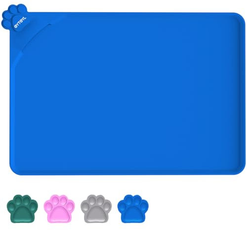 Waterproof Pet Feeding Mats with High Lips 55 x 38cm Silicone Mat, Nonslip Pet Food Mat for Dog, Cat, Prevent water goes down (BLUE)