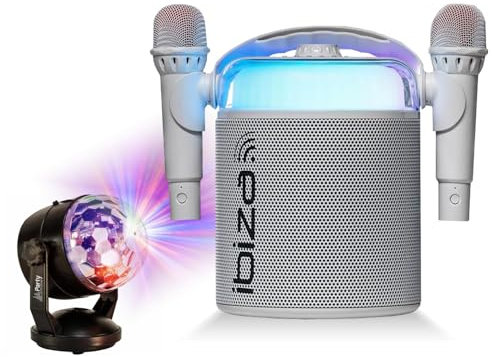 Ibiza Sound – Pack Karaoke Altavoz portátil independiente Bluetooth Ibiza KARAHOME-WH 120 W USB SD 2 micrófonos – Efecto Astro LED – Fiesta infantil Boum