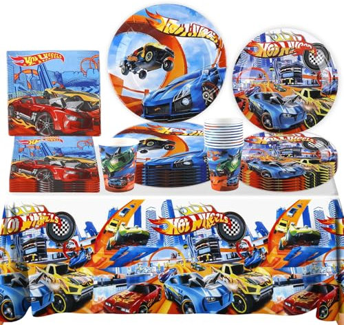Rennauto Partygeschirr Set- Autos Pappteller Kindergeburtstag Deko Cars Partygeschirr Set Wheels Geburtstagsdeko Party Tableware Supplies Kit mit Teller Tischdecke Servietten Tassen für Jungen Kinder