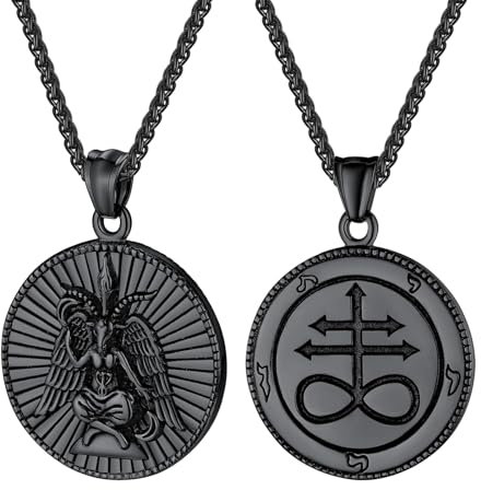 JewelryWe Satan Ziege Halskette Herren: Schwarz Edelstahl Baphomet Satanische Ziege Engelsflügel Leviathan Kreuz Runde Anhänger Kette Gothic Luzifer Kirche Amulett Satanismus Schmuck