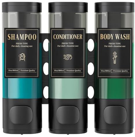 Luxspire Shampoo and Conditioner Dispenser, No Drill Wall Mounted Shower Soap Dispenser 3 Chamber with Waterproof Labels, Easy Refill Soap Dispenser for Bathroom Hotel Kitchen, Black