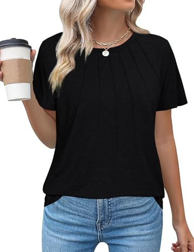Gyabnw Women Tops UK Short Sleeve T-Shirts Ladies Summer Blouses Cotton Crew Neck Casual Pleated Design Everyday Wear Black