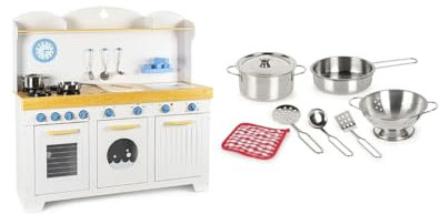 Leomark Cucina in legno Saint-Tropez con set di pentole in metallo piu panno – Set completo per piccoli Chef, Bianco - Blu, Dimensioni: 107 x 106 x 32cm.
