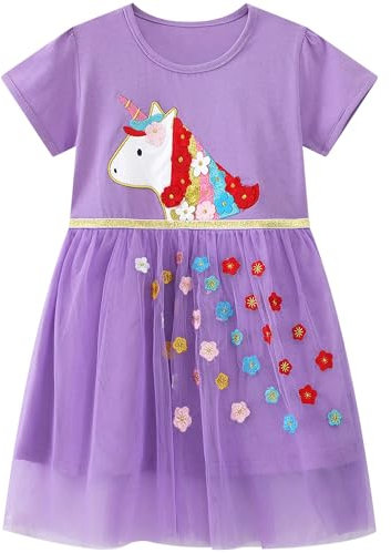 FILOWA Robe Fille Coton Tulle Licorne Paillette Broderie Imprimée Animale Fleur Robes Princesse Party Mignon Applique Printemps Été Manche Courtes T-Shirt Robes Enfant 4-5 Ans, Violet