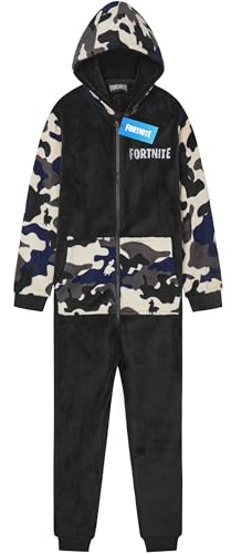 Get Trend Fortnite Onesie for Boys Teens 7-16 Years, Hooded Fleece Jumpsuit Pyjamas, Cosy PJs Loungewear, Gamer Gifts for Boys (9-10 Years, Black Camo Fortnite)
