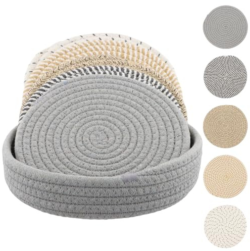 Hoxfly Graue Runde Geflochtene Baumwolle Topfuntersetzer Set, Hitzebeständig, Saugfähig, Pfannenuntersetzer für Küche, Teller, Töpfe