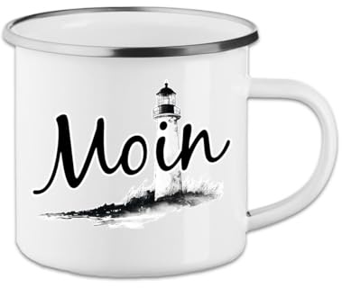 Emaille Tasse Moin Leuchtturm – Emaille Becher Camping Wandern Outdoor Naturmotiv – robuster Trinkbecher Retro Geschenk für Camper Nordsee & Vanlife