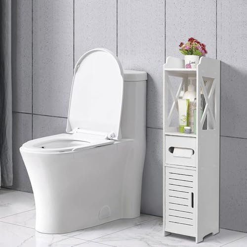 VIIROUD Petit Meuble de Rangement pour Toilettes, Support pour Papiers Toilettes, Colonne, Armoire de Salle de Bain, Placard, Étagère Réglable, Pieds Résistant à l’Eau,15 * 15 * 80cm-Blanc