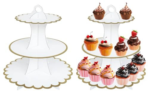 2Pack 3 Tier Cake Stand, White Afternoon Tea StandsCard, Dessert Cupcake Stands Round Cardboard Cupcake Tower for Birthday,Party,Baby Showers