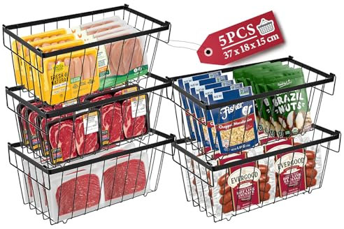 aichilra Chest Freezer Baskets Organiser - 5 Pcs Stackable Freezer Baskets for 165L Deep Freezers - Easy Get Food with Handles - Durable Metal Shelf - Add Space,Stackable Kitchen Storage Boxes Black