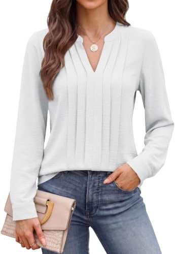 Cuptacc Bluse Damen Elegant V-Ausschnitt Oberteile Chiffon Business Outfit | Herbst,Frühling,Chiffon,Elegant,Casual,Lässige,Modern,Plissierte,Business,Einfarbig,Geblümt,Basic
