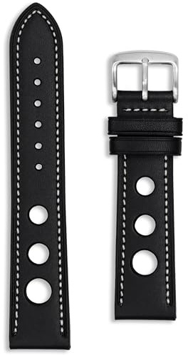 Buckle & Stitch Rallye-Uhrenarmband aus hochwertigem Leder, perforiertes Vintage-Rennband, 18 mm, 20 mm, 22 mm, 24 mm, Schwarz, Marineblau, Braun, Hellbraun, Weiß Vollnarbenfarben, für Herren und