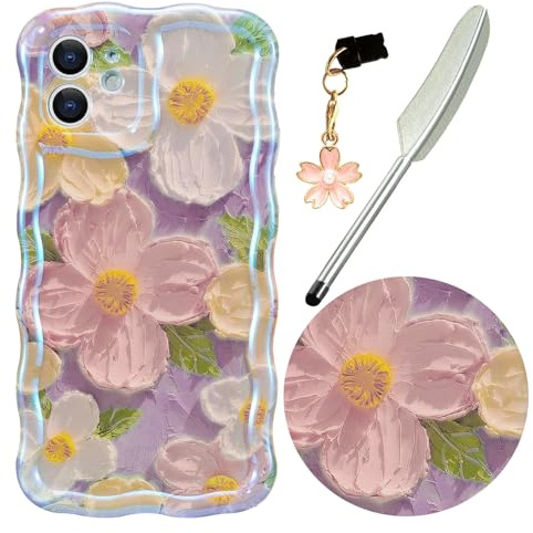 Knoowcase for iPhone 12 Case, Colorful Retro Oil Painting Floral Pattern Cute Curly Wave Frame Phone Case for Women Girls, Soft TPU Shockproof Silicone Protective Bumper Cover, Purple