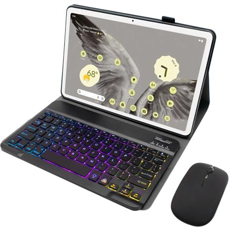 Custodia con Tastiera per Tablet Google Pixel da 11 Pollici (2023), Cover con Tastiera Staccabile Retroilluminata Arcobaleno con Portapenna Stilo, Mouse Bluetooth per Tablet,Nero