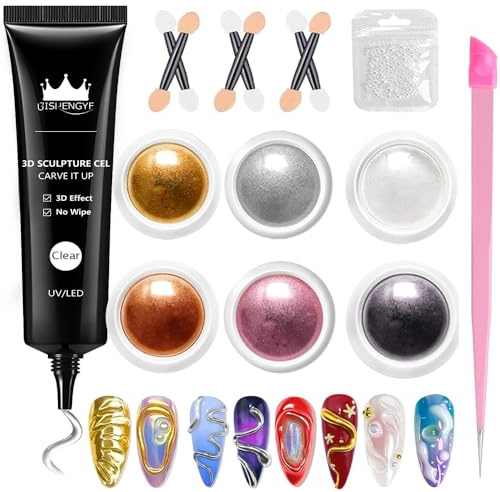 BISHENGYF 3D Nail Gel & Chrome Powder Kit - 15g Bronze, Copper, Metallic Pink Gold Chrome Nail Powders, No Wipe 3D Nail Gel for DIY Nail Art, Pearl Professional Design, Black Purple Nail Art for Home