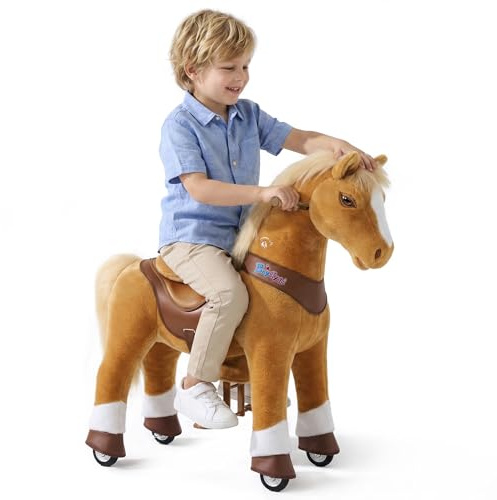 PonyCycle Modell Y Reitpferd auf Rollen| Hellbraun| 4-7 Jahre| mit Bremse | Pferd zum Reiten für Kinder, beweglicher Sattel für echtes Laufen, leise Räder & Handbremse, Indoor & Outdoor, Größe 4