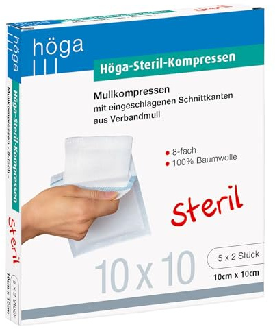 Höga Steril-Kompressen, sterile Mullkompressen - 10 x 10 cm - 5x2 Stück, steril, 8-fach, EN 14079-Typ 17, 3er-Pack.
