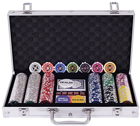 COSTWAY Poker Chips, Set da Poker con 300 Chips, Incluse 2 Carte da Poker 5 Dadi 1 Pulsante, Valigetta in Alluminio, Due Colori Disponibili (argento)