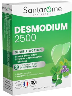 SANTAROME Desmodium 2500 mg Fortement Dosé - Foie - 30 Gélules - France | Desmodium fortement dosé, 2500 mg en équivalent plante sèche - Favorise le fonctionnement du foie - Avec 3 bourgeons - Vegan