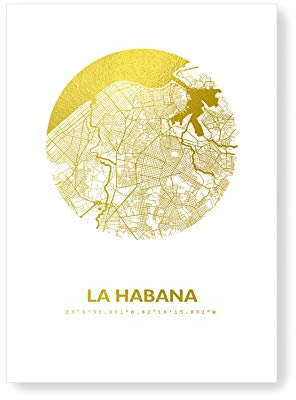 Havanna Kuba Karte - Personaliserte Stadtplan Poster Rund in S/W Rose Gold Silber Kupfer - A4 A3 - Stilsichere Wandbilder Geschenke Arbeitszimmer Wohnzimmer Andenken Heimatstadt