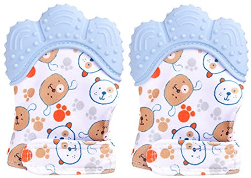 Wendergo Teething Mittens for Babies 2 Pack Baby Teething Gloves Infant Soothing Pain Relief Mitt Baby Teether Mits, Food Grade Silicone, Safe(BPA Free), Washable(Blue)