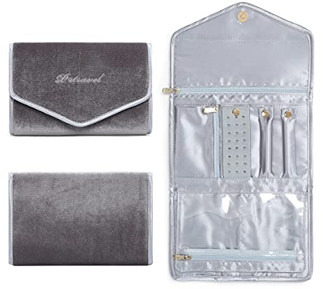 Dizdvizd Bolsa de Rollo de Joyería, Organizador de Joyas Terciopelo Estuche Joyas Bolsas Viaje para Collares, Pulseras, Pendientes, Anillos, Relojes - Gris