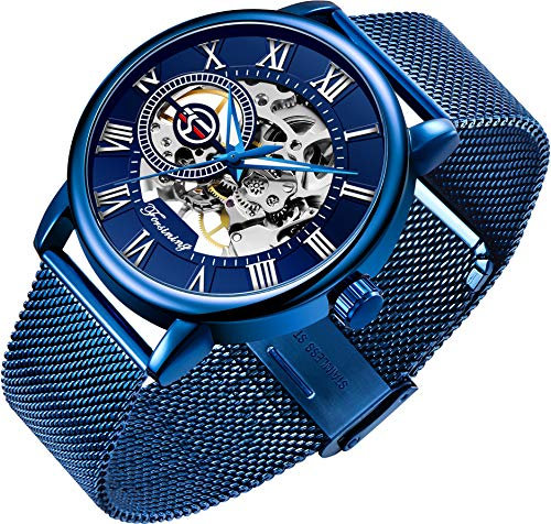 Tiong Skelett Uhr Herren römische Ziffer Steampunk Mechanische Uhr Handaufzug Herrenuhr Geschenke zu Weihnachten(Blau)