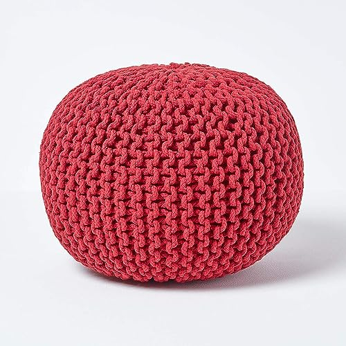 EXQUIZIT HOME Gestrickter runder Sitzhocker, Fußhocker, Ottomane, groß, 100 % Baumwolle, grob, marokkanisch, 50 cm, Rot