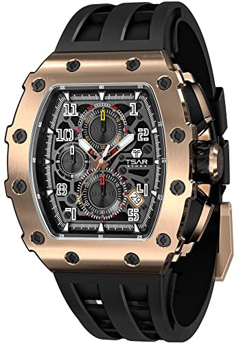 TSAR BOMBA Herrenuhr 50M Wasserdicht Japanisches Quarzwerk Uhren Herren Tonneau Edelstahlgehäuse Saphirglas mit Chronograph-Datumsfunktion Uhr Geschenke für Männer Fashion Luxury
