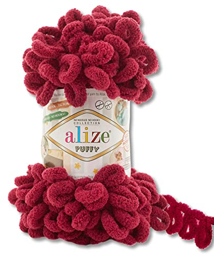 Wohnkult Alize 100 g Puffy Wolle in 62 Auswahl Schlaufenwolle Stricken und Häkeln ohne Hilfsmittel (107 | Bordeaux)
