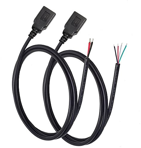 KSOPUERT 2Pcs USB A Female plug To Bare Wire Open End Cable 3.3Ft(100cm) 5V 2.1A 2 & 4 cores Power And Data transmission Pigtail Repair Tin on the Tail Cable Cord DIY Black