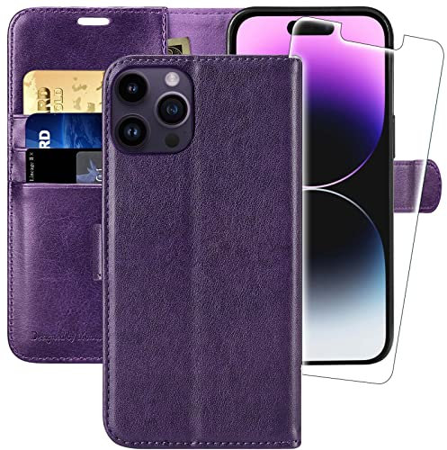 MONASAY Wallet Case for iPhone 14 Pro Max 5G,6.7-inch,[Glass Screen Protector Included] [RFID Blocking] Flip Folio Leather Cell Phone Cover with Credit Card Holder for Apple iPhone 14 Pro Max,Purple