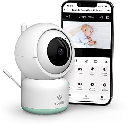 TrueLife NannyCam R3 Smart Überwachungskamera Innen, FullHD-Auflösung Kamera, Babyphone mit Kamera mit Bewegungserkennung, 2-Wege-Audio, Nachtsicht zu 10m, bis zu 128 GB Speicher auf SD Karte, Weiß