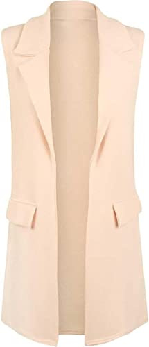 FAIRY TRENDZ Ladies Mock Flape Pockets Lapel Collar Duster Coat Jacket Womens Sleeveless Crepe Open Front Waistcoat Blazer