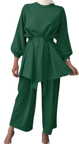 Gebetskleidung für Frauen Abaya Muslim Damen Muslimische Islamische Langarm Top + Lang Hose 2 Teiler Kaftan Khimar Namaz Elbisesi Ramadan Burka Ganzkörper Outfit Grün L