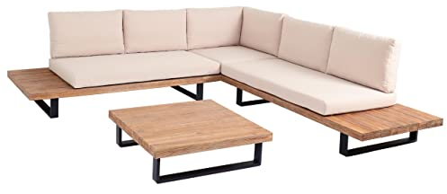 Mendler Garten-Garnitur HWC-H54, Garnitur Sitzgruppe Lounge-Set, Spun Poly Akazie Holz FSC® Alu - Hellbraun, Polster beige