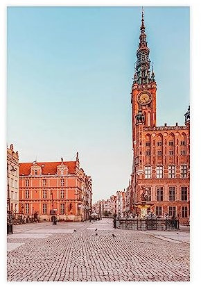Stadtbild Danzig-Farbposter Leinwand Poster Wandkunst Dekor Druck Bild Gemälde für Wohnzimmer Schlafzimmer Dekoration Rahmen Stil 50 x 75 cm