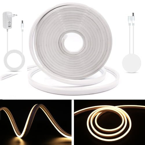 Luz de neón luz de barra LED 12v DC con adaptador de potencia, smd2835 120 LEDs/M cuerda de silicona IP65 impermeable luz de neón LED para la decoración de fiestas de vacaciones, 5M, Blanco cálido.