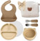 Set Repas Bébé 7 Pièces – Assiette Ventouse, Bol, Couvercle, Cuillère, Fourchette, Bavoir, Sac à Couches – Beige – Ti’Djuby®