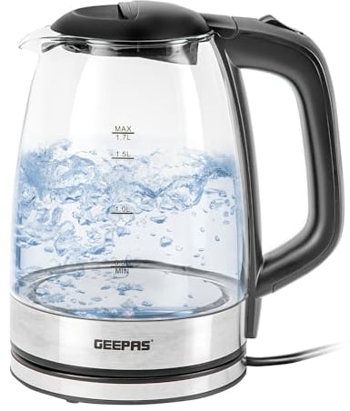 GEEPAS Illuminating Electric Glass Kettle | 1.7L Cordless Jug Kettle with Stainless Steel Heating Element Auto Shut Off Boil-dry Sensor | Safety Locking Lid Cord Storage | 2 Year Warranty 2200W Black