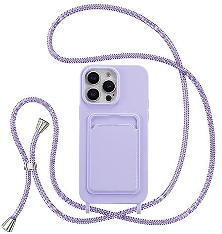 ZTOFERA Crossbody Lanyard Case for iPhone 14 Pro Max with Card Holder, Soft Liquid Silicone Phone Case with Strap Adjustable Neck Cord Necklace Shockproof Protective Cover - Purple