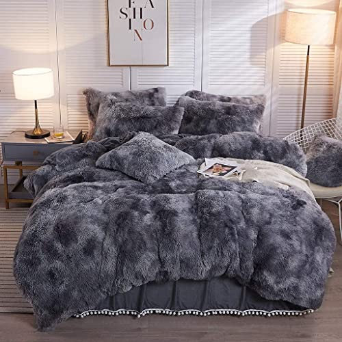Nyescasa Plüsch Bettwäsche 135x200 4teilig Grau Anthrazit Warme Winter Flauschig Langhaar Flausch Biber Wendebettwäsche Set Microfaser Bettbezug mit Reißverschluss und 2 Kissenbezug 80x80cm
